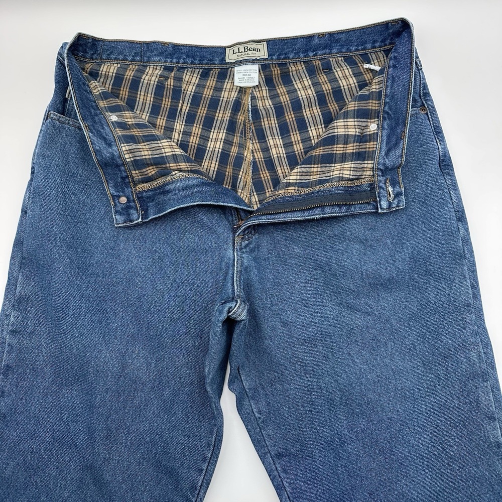 LL Bean Plaid Flannel Lined Jeans Mens 38x30 Blue Medium Wash Denim‎ Natural Fit